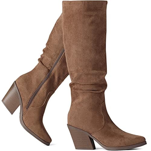 Putu Women's Knee High Boots Faux Suede Boots Stacked Chunky Heel Boots Side Zipper Tall Boots Brown 8