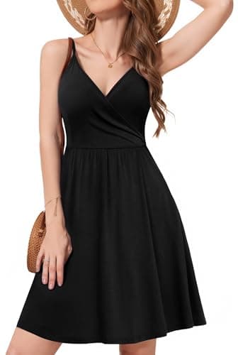 WEACZZY Women's V Neck Sundress Spaghetti Strap Summer Casual Swing Dress with Pockets (XX-Large,Black)