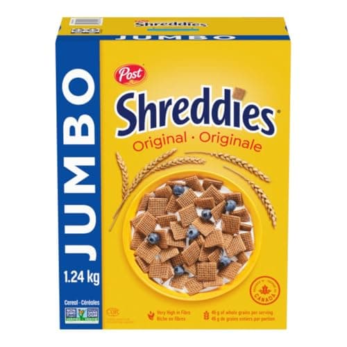 Céréales de petit-déjeuner originales Post Shreddies, à base de grains entiers, très riches en fibres, vérifiées par le projet sans OGM, format jumbo 1,24 kg