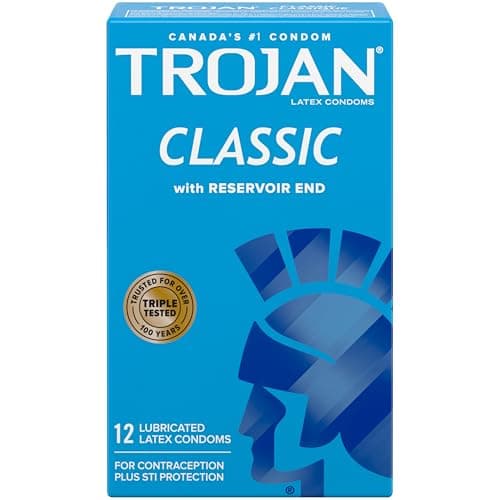Trojan Classic Lubricated Latex Condoms, 12 Count, Smooth Design With Special Reservoir End for Extra Safety, Silky Smooth Lubricant for Extra Comfort