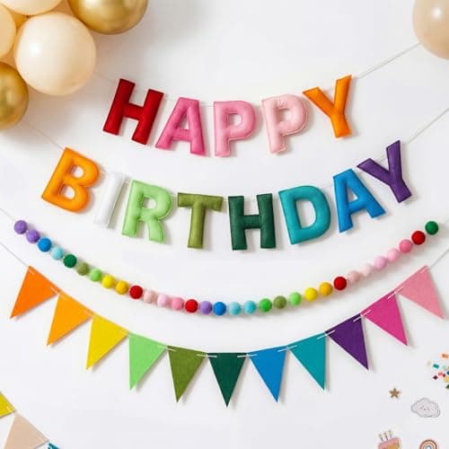 OLANRUN Pre-Strung Happy Birthday Decorations with Happy Birthday Felt Banner Sign, Felt Ball Garland & Triangle Bunting, Reusable Rainbow Party...