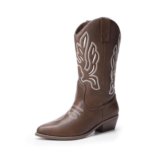 DREAM PAIRS Bottes de cowboy pour femme, mi-mollet, bottes western brodées cousues, taille 9, marron-pu, DWUMMB2419