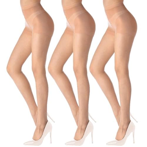 3 paires de collants transparents pour femmes avec haut de contrôle et collants en nylon aux orteils renforcés (CA/US, Alpha, Medium, Regular, Regular, Nude)