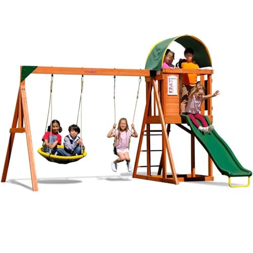 SportsPower Ultimate Backyard Playset with Slide, Flying Saucer, Sandbox & Canopy — Multi-Feature Outdoor Wooden Swing Set