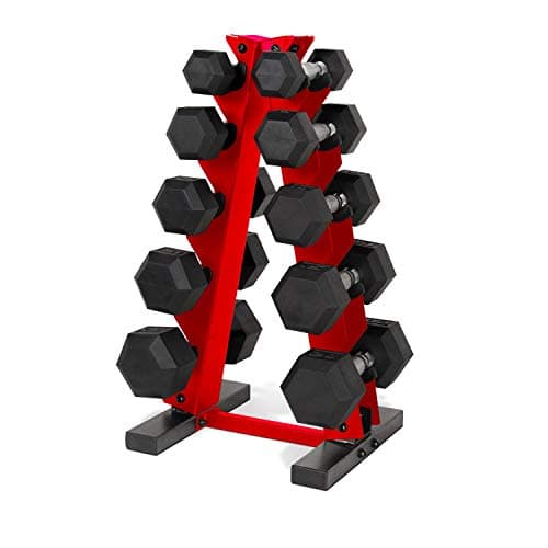 CAP Barbell 150 LB Coated Hex Dumbbell Weight Set with Vertical Rack, Red, New Edition