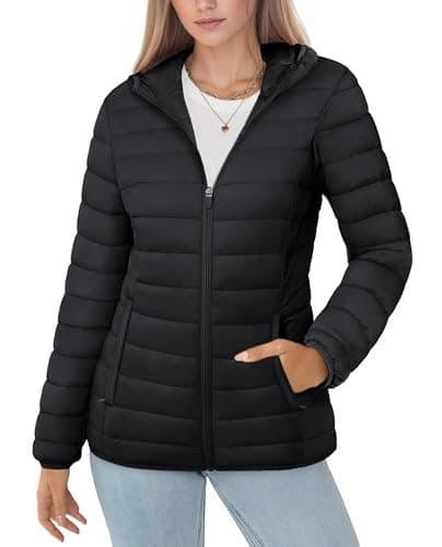 MAGCOMSEN Veste doudoune noire à capuche légère matelassée 4 poches imperméable à manches longues avec fermeture éclair intégrale, noir XL