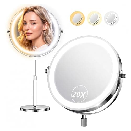 Makeup Mirror with Lights, 1x/20x 360°Rotation Vanity Mirror, Brightness Adjustable Lighted Makeup Mirror with Magnification, 5000 mAh Rechargeable...