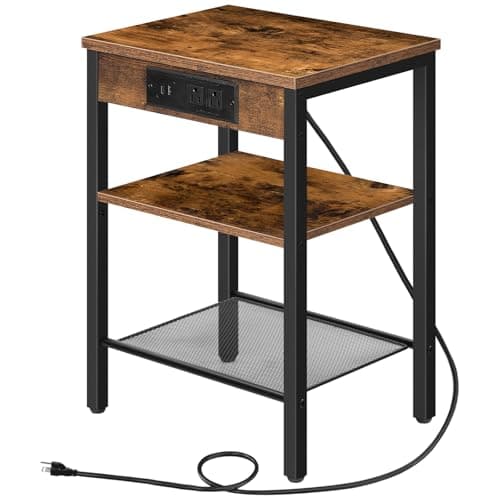 Table de bout HOOBRO avec station de charge et ports USB, table de chevet à 3 niveaux avec étagère réglable, table d'appoint étroite pour petit espace dans le salon,...