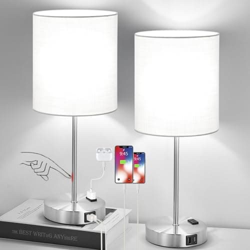 【Upgraded】Set of 2 Touch Control Table Lamps with 2 USB Ports & AC Outlet, 3-Way Dimmable Bedside Nightstand Lamps for Living Room Nursery Office...