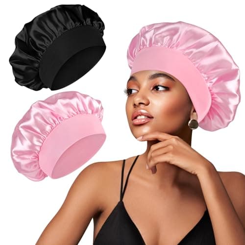 Meliya Silk Bonnet Satin Bonnet, 2PCS Hair Bonnet for Sleeping, Wide Soft Band Sleep Cap for Curly Hair (Black & Pink)