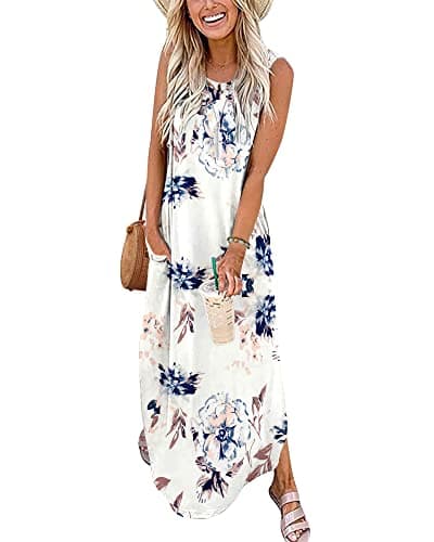 WNEEDU Robe longue d'été sans manches pour femme, tenue décontractée, ample, fendue, t-shirt avec poches, motif floral blanc XL, 2026