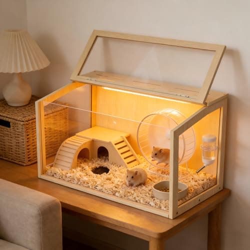 Cage pour hamster en bois Vilanpaw avec lumière : grand enclos pour habitat de hamster de 32 pouces, cage transparente pour petits animaux avec dessus respirant ouvrable, à mâcher...