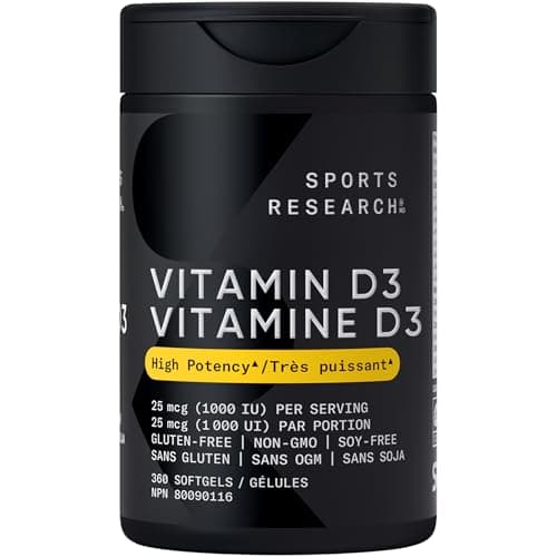 Sports Research® Vitamine D3 1 000 UI avec huile de noix de coco - Vitamine D pour des os, des dents solides et le maintien d'une bonne santé - Sans OGM, gluten et soja...