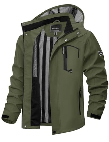 TACVASEN Veste imperméable pour hommes Veste de pluie légère avec capuche Veste shell vêtement d'extérieur avec 4 poches zippées extérieur tactique coupe-vent armée vert...