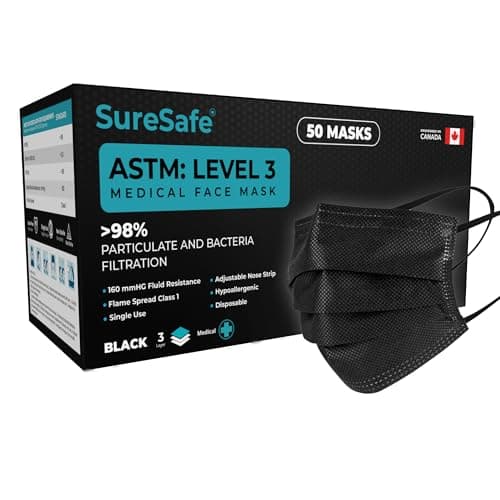 SureSafe 50 PCS ASTM Niveau 3 Masques jetables, Masque noir, Masque médical, Masques jetables avec boucles d’oreilles, masque anti-poussière