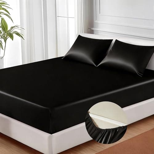 MR&HM Satin Fitted Sheet, Queen Size Black Fitted Sheet Only, Silky Soft Cooling Bed Sheets 15 Inches Deep Pocket for Mattress (Queen, Black)