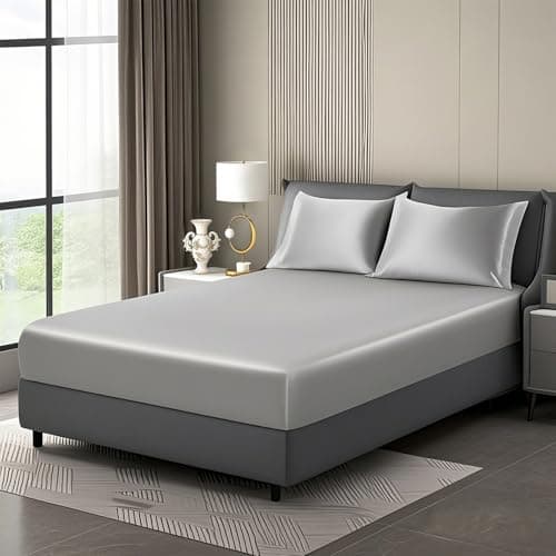 YASMENG Silver Grey Full Satin Fitted Sheets Only, 1 Pack Cooling Smooth Imitated Silk Double Bottom Fitted Sheet with Elastic Deep Pocket, Soft...
