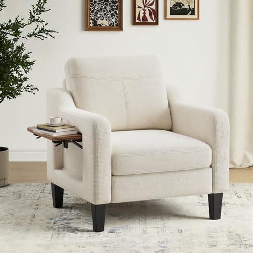 COLAMY Modern Accent Chair with Foldable Table, 2 Side Pockets,Upholstered Living Room Side Chair Wooden Fabric Armchair, Single Sofa for...