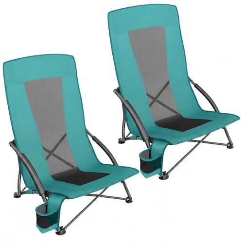 SONGMICS Lot de 2 chaises de plage portables pour adultes, max. Charge 330 lb chacun, dossier haut, porte-gobelet, léger, robuste, vert UGCB067C01V1