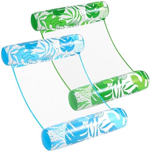 SLOOSH 2 Packs Tropical Leaves Hammock Pool Floats Adults, 4-in-1 Multi-Purpose Inflatable Pool Floats PVC Water Hammock Lounge Floaties (Blue&Green)