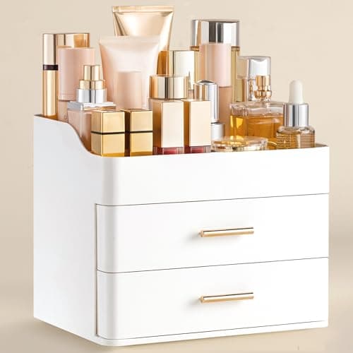 HBlife Organisateur de maquillage pour vanité avec 2 tiroirs, grand comptoir de salle de bain, organisateur de cosmétiques, rangement de soins de la peau, facile à ranger rouges à lèvres, ongles...
