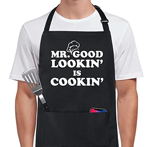 Xornis Tabliers drôles 100 % coton pour hommes Mr. Good Looking is Cooking Kitchen Grill BBQ Tabliers à bavette réglables avec 2 poches Cadeaux pour papa fête des pères...