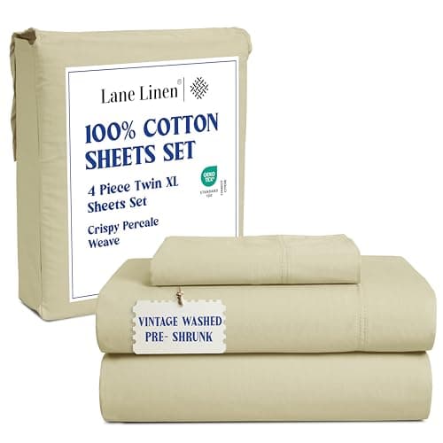 Lane Linen Twin XL Size Sheets – 100% Cotton Pre-Washed Percale 3-Piece Set, Extra Long, Breathable & Elegant Dorm Bedding – Linen