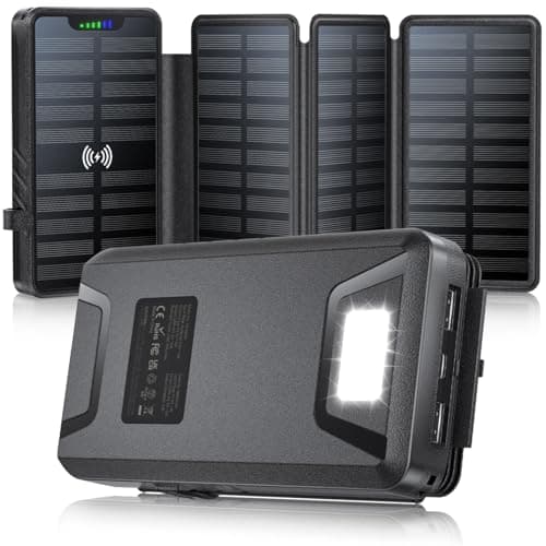 Solar Charger Power Bank 38800mAh with Dual 5V3.1A Outputs 10W Qi Wireless Charger Waterproof Built-in 4 Solar Panel and Bright Flashlights
