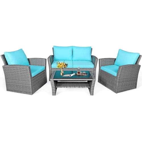 DORTALA Wicker Patio Furniture Set 4 Piece, Outdoor Table and Chairs with Tempered Glass Tabletop, Loveseat, Cushions, Rattan Conversation Couch...