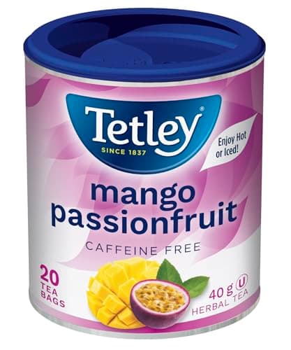 Tetley Tea Thé à la mangue et aux fruits de la passion, tisane - 20 sachets de thé, 40 grammes, naturellement sans caféine, thé décaféiné