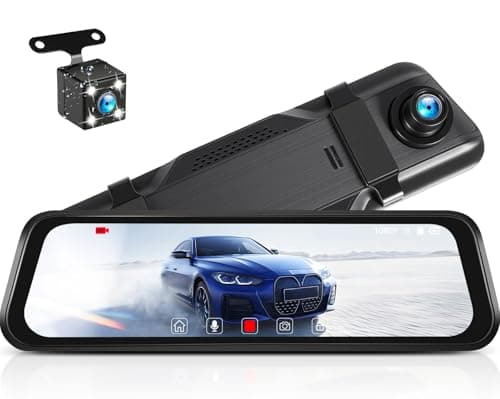 Caméra de rétroviseur CAMECHO 9,66" HD Mirror Dash Cam Caméra avant et arrière, Caméra de recul étanche à 4 LED, Écran tactile Full IPS,...