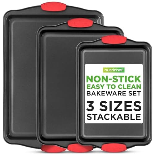 Ensemble de plaques à pâtisserie NutriChef - Plaques à biscuits antiadhésives de 3 pièces, acier au carbone de qualité supérieure avec poignées en silicone pour la préparation des repas, les dîners sur plaque,...