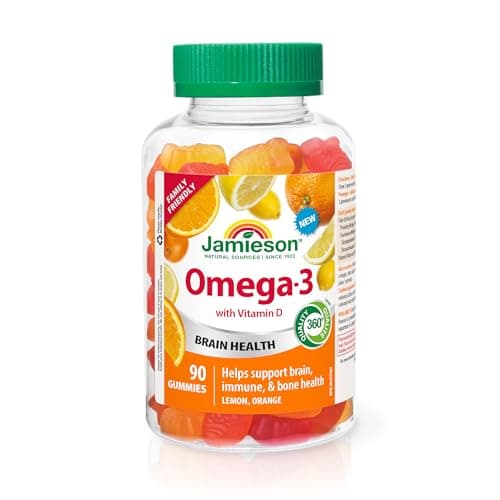 Jamieson Omega-3 Gummies avec vitamine D3, saveurs d'orange et de citron, adapté à toute la famille (3+). Soutient la santé cérébrale et...