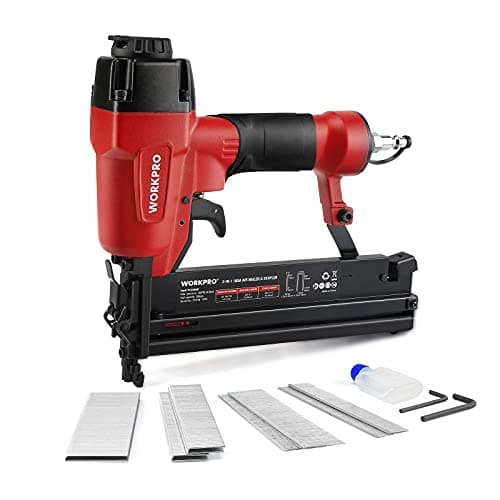 WORKPRO Cloueuse pneumatique 18 GA, pistolet à clous 2 en 1 et agrafeuse à couronne, avec 400 clous/300 agrafes, pour menuiserie, projet de bricolage, travail du bois
