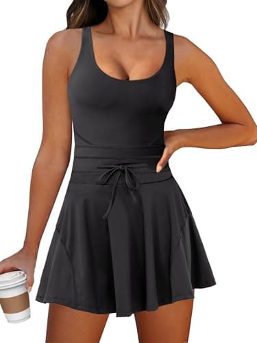 Caracilia Mini robe de tennis pour femme avec short intégré, golf, athlétique, sans manches, une pièce, été, robe barboteuse active, noir, L