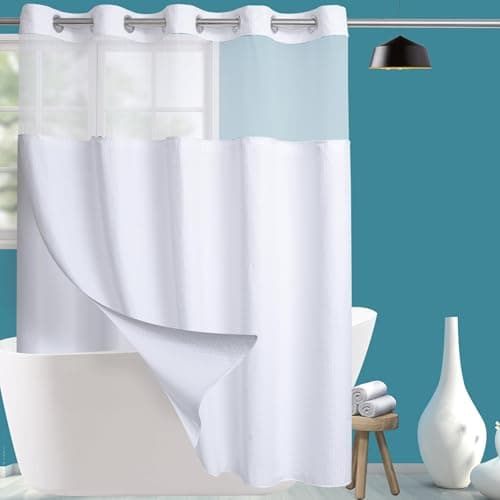 Conbo Mio Fabric Waffle Weave Hotel Shower Curtain with Snap in Liner for Bathroom Waterproof Machine Washable Shower Curtain (Waffle-White, 71" W...