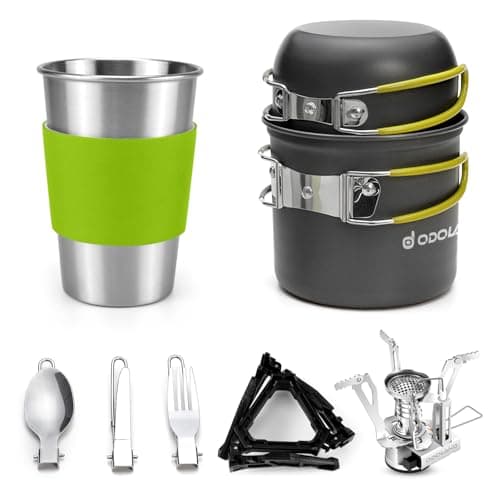 Odoland Camping Cookware Stove Carabiner Canister Stand Tripod and Stainless Steel Cup, Tank Bracket, Fork Knife Spoon Kit for Backpacking, Outdoor...