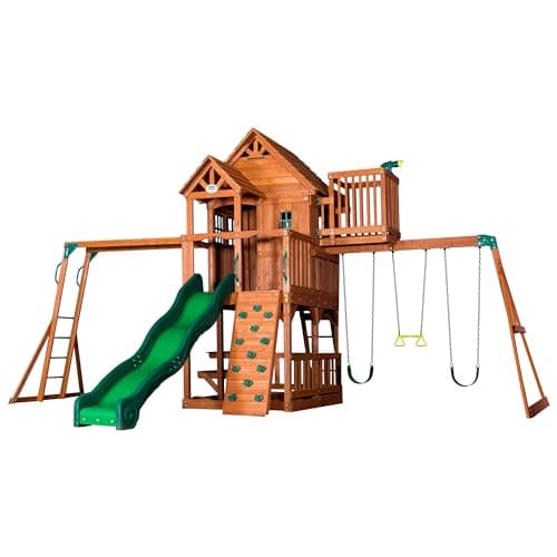 Backyard Discovery, Skyfort II Playground Cedar Wood Swing Set with Playhouse Fort, Sandbox, Picnic Table, Slide, Monkey Bars, Swings, Rock...
