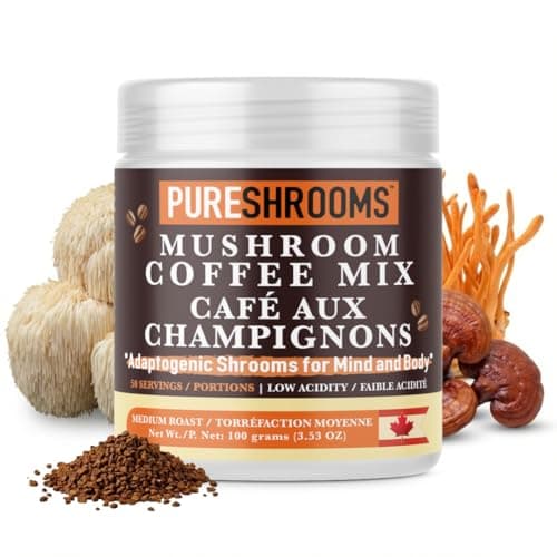 Café aux champignons PureShrooms - Crinière de lion biologique, Reishi et cordyceps - Concentration, soulagement du stress, énergie et immunité, substitut à base de plantes, compatible céto,...