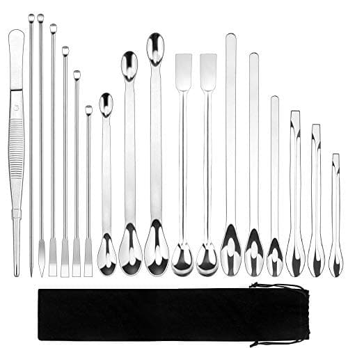 Lot de 18 spatules de laboratoire en acier inoxydable, micro-cuillères, pincettes de laboratoire avec pochette en velours pour échantillonnage en laboratoire, poudres, remplissage de bouchons de gel