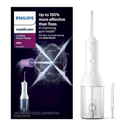Philips Sonicare Power Flosser 3000 sans fil, irrigateur oral, technologie Quad Stream et silencieux, blanc, HX3826/21