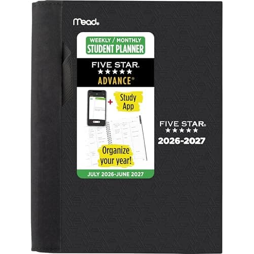 Five Star Planner 2026-2027 Weekly & Monthly Academic 12-Month July-June Advance Student Planner + Study App, 5-1/2" x 8-1/2", Black (CAW45905)