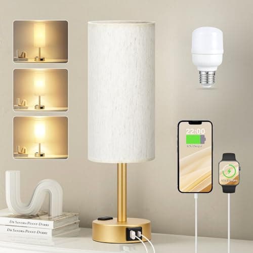 Lampe de chambre à coucher Fenmzee Gold Table de chevet - Lampe de chevet à intensité variable à 3 voies Ports de charge USB C A et prise secteur, petite lampe de table abat-jour en lin pour...