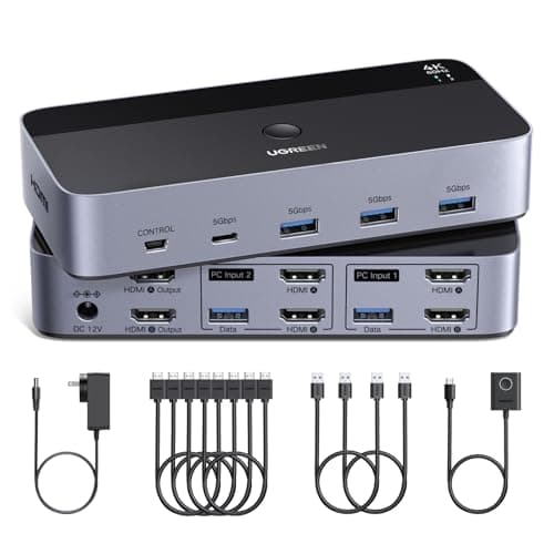UGREEN 4K@60Hz HDMI KVM Switch 2 Monitors 2 Computers, with 4 USB 3.0 Ports for 2 Computers Sharing 2 Monitors Keyboard Mouse Printer with 4 HDMI...