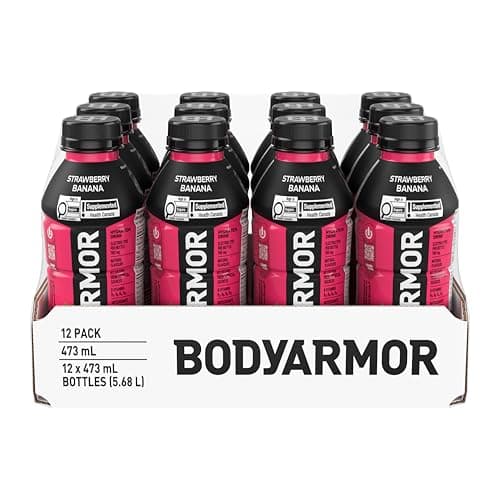 BODYARMOR SuperDrink Fraise Banane, bouteilles de 473 ml (paquet de 12) – Boisson hydratante pour sportifs avec de l'eau de coco, des électrolytes riches en potassium et...