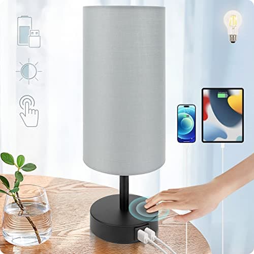 Lampe de chevet Yarra-Decor avec port USB - Lampe de table à commande tactile pour chambre à coucher Lampe de table de chevet à intensité variable à 3 voies avec abat-jour rond en tissu gris pour...