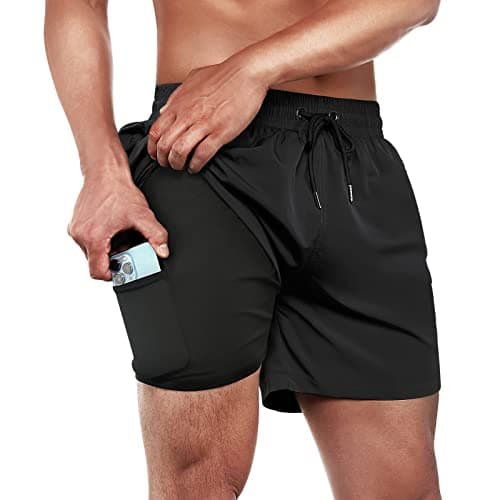 BRISIRA Short de bain pour homme à séchage rapide avec entrejambe de 12,7 cm et poche zippée avec doublure de compression