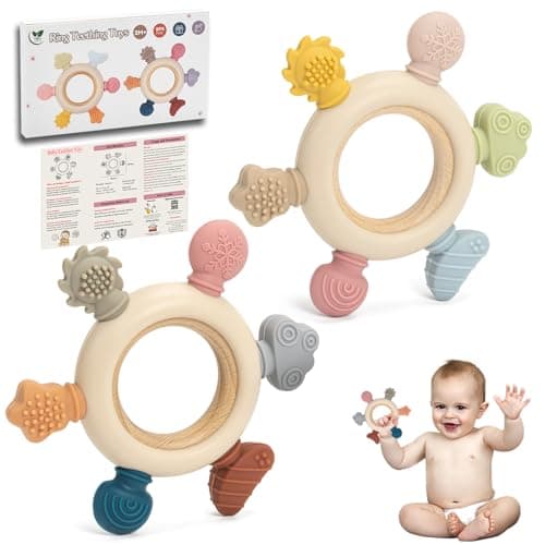 Teething Toys for Babies, 2 Pack Teether for Baby, Silicone Teething Ring for Sucking Needs, BPA Free Baby Toys 0-3-6-12 Months, Nursing...
