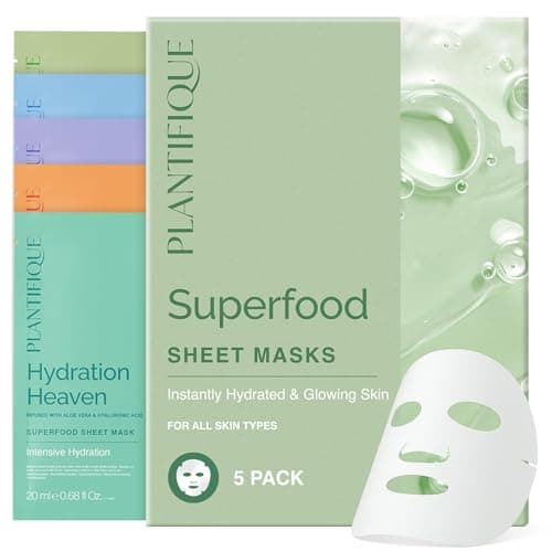 Pack varié de masques coréens PLANTIFIQUE, paquet de 5 avec acide hyaluronique - Aloe Vera, pêche, noix de coco, centella, collagène et coenzyme Q10 - Hydratant,...