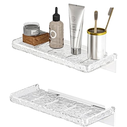 YIEZI 2 Pack Wall Floating Shelf, Clear Acrylic No Drill Wall Mount Adhesive Shelf, 2 Shelves, Contemporary Style, Bathroom Shelf